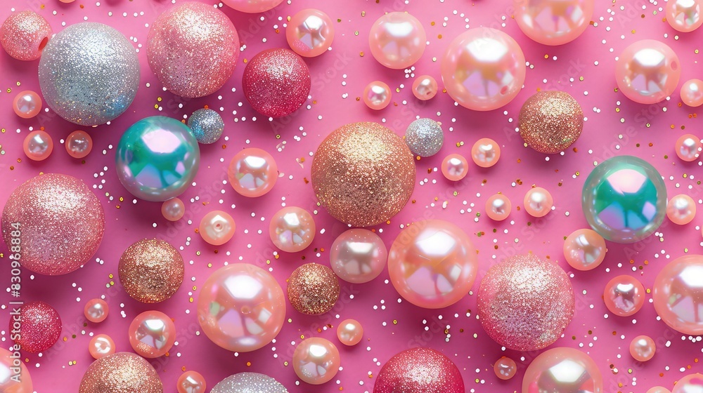 Poster a bubblegum pink canvas with an assortment of multicolored pearls, each surrounded by matching glitt