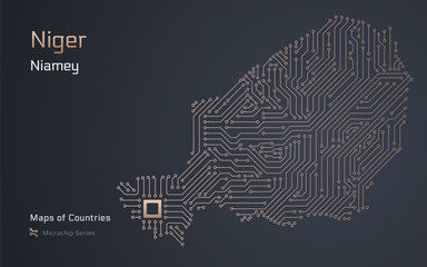 Niger Map with a capital of Niamey Shown in a Microchip Pattern with processor. E-government. World Countries vector maps. Microchip Series	