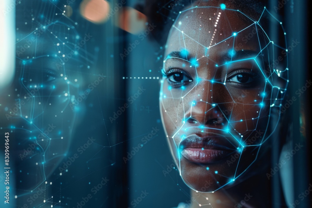 Poster this image depicts a concept of artificial intelligence with a digital face projection over a blurre