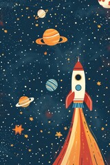 Vintage Rocket Launch into Colorful Outer Space Illustration