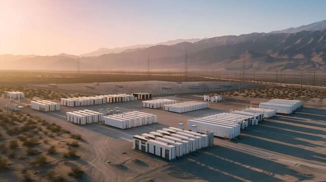 Battery storage array at power plant in the desert near Palm Springs : Generative AI
