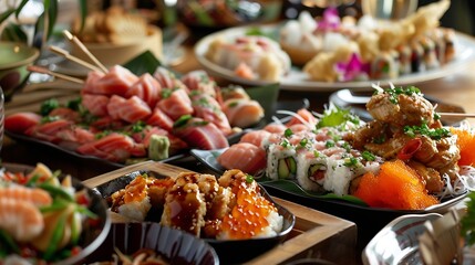 Mix of Japanese food on restaurant table : Generative AI