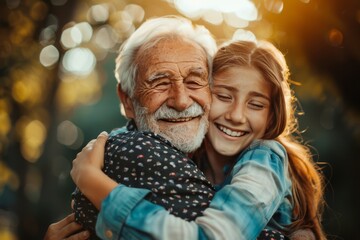 Heartwarming image of a senior man embracing his granddaughter with love