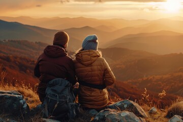 A couple seated on a mountain edge appreciating a serene sunset