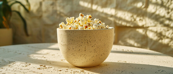 Vegan plant-based healthy snack, organic popcorn in bucket bowl container, modern minimalist trendy stylish cinema, macro product photography, close-up, sunny, bright, isolated, bokeh, shadow play