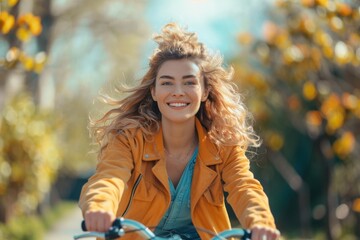 An exuberant woman cycling in a park during daylight filled with joy and vitality