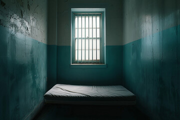 Inside view of cramped small prison cell for solitary confinement