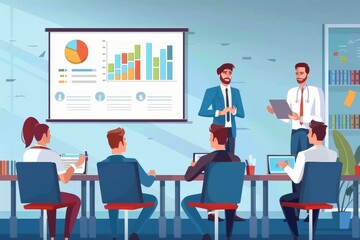 Digital illustration of a business presentation with professionals engaged in a modern office environment