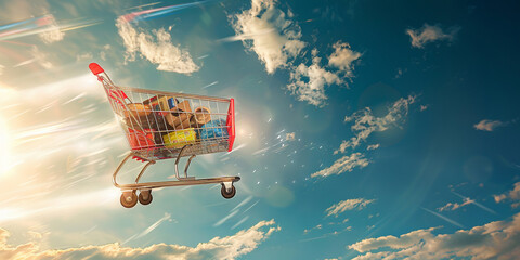 eid ul adha Shopping cart full of gifts against blue sky with clouds background