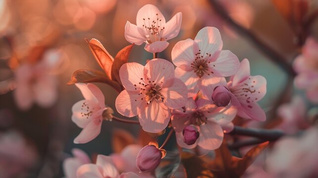 Spring blossoms Tree branch with beautiful fresh pink flowers in full bloom close up Blooming sakura Floral background : Generative AI