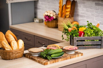 Image of fresh fruits and vegetables on the kitchen table
