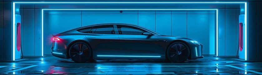 Fototapeta premium Sleek black car in a futuristic blue lit garage.