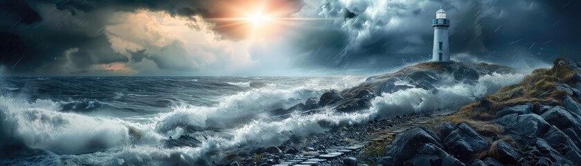 Obraz premium Dramatic seascape with crashing waves and a lighthouse on a rocky shore under a stormy sky, showcasing nature's raw power and beauty.