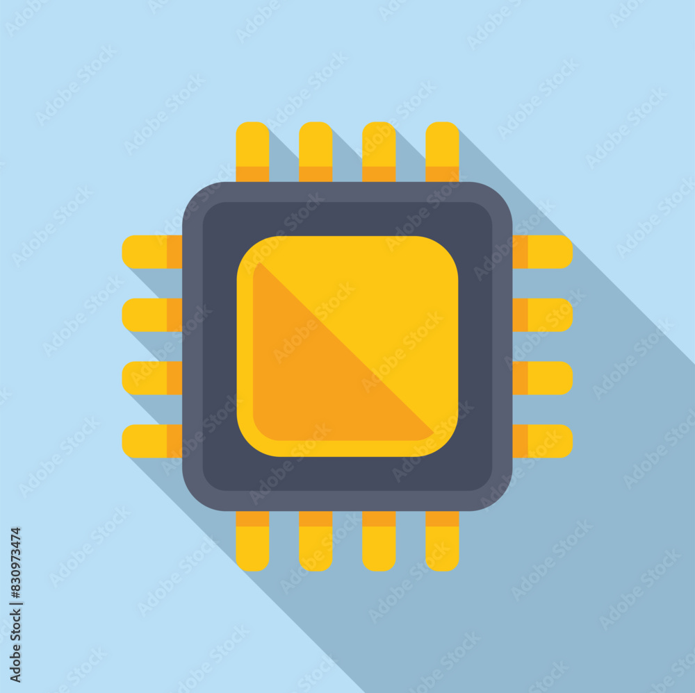 Poster flat design icon of a cpu microprocessor with a long shadow on a blue background