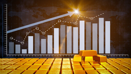 Gold bars against the background of charts and columns of the financial market. 3D render.