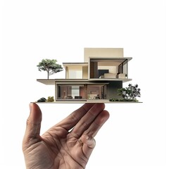 A hand in a suit holding a model of a house on a white background
