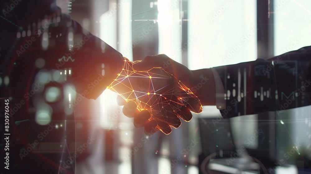 Poster handshaking business person in office with network effect concept of teamwork and partnership double