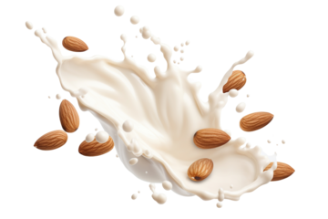 Almonds falling with milk splash