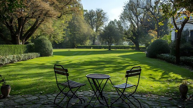 a decent view of chairs and a table in the outdoor lawn of a beautiful house