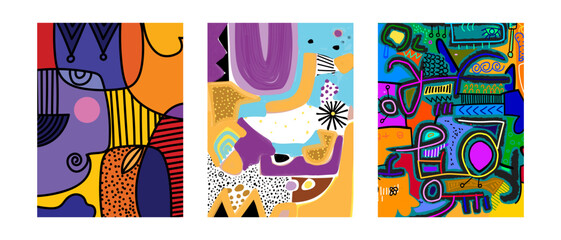 Set of colorful abstract geometric, shapes, decorative hand drawn vector illustration. Aesthetic poster, wall art, print, decoration design.