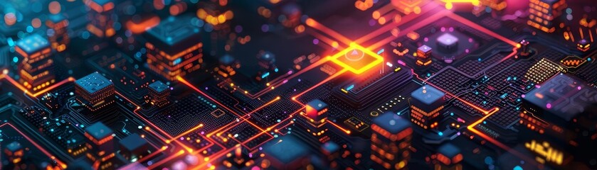Obraz premium Abstract digital circuit board with glowing lines and connections.