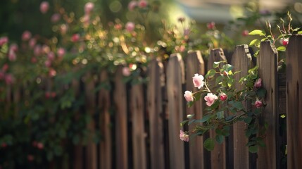 A rose bush with pink flowers is growing next to a wooden fence