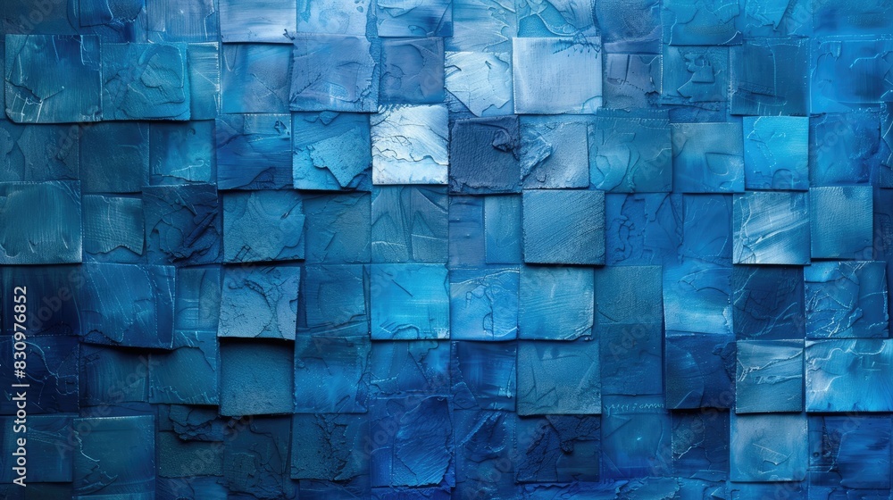Poster assorted blue colors create a square background with a textured image