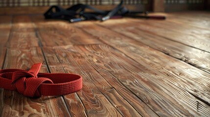 A martial arts belt on a wooden floor, with a few scattered training weapons and protective gear in the background, representing the progression and skill required in the sport. - Powered by Adobe