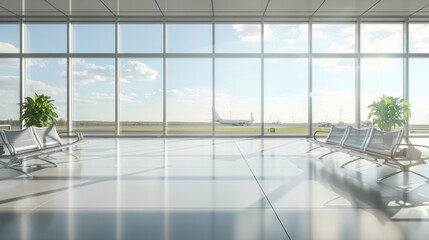 Interior of airport waiting area with window view.

