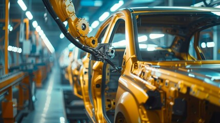 Fototapeta premium Robotic arm painting a car on an assembly line.