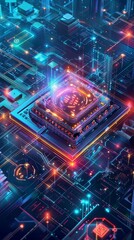 Obraz premium Abstract futuristic cyberpunk processor chip glowing with digital data