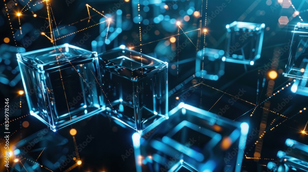 Aufkleber blockchain technology visualized as decentralized data blocks.