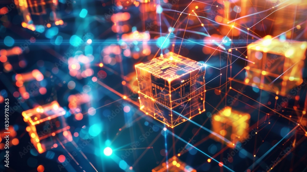 Poster blockchain technology visualized as decentralized data blocks.