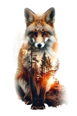 Fototapeta premium Majestic Double Exposure Fox Portrait Blending with Autumn Forest