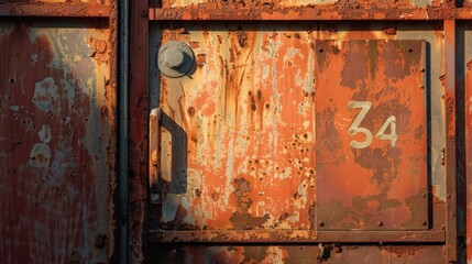 A rusted door with the letter P on it