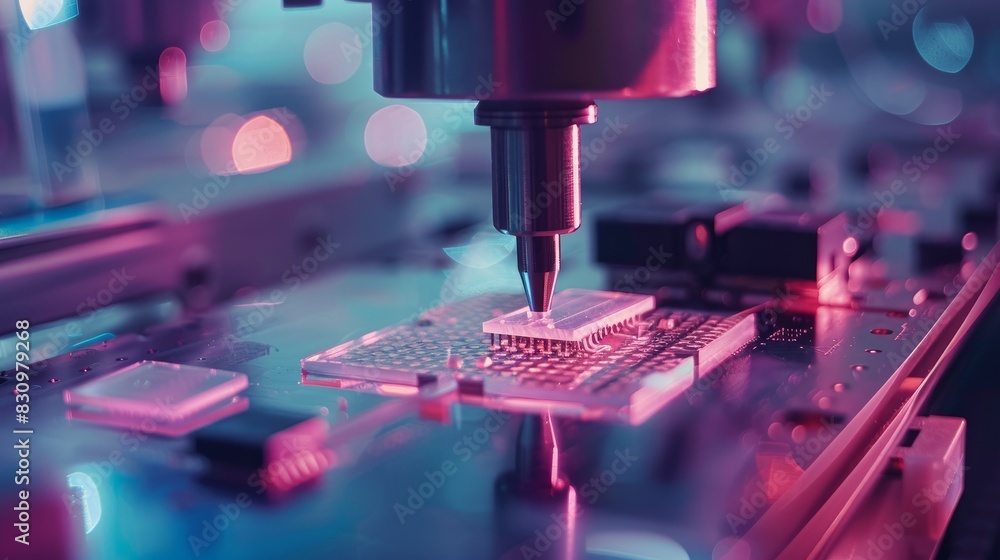 Poster silicon die being placed by a machine in a semiconductor process.