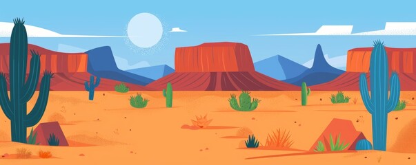 Colorful desert with cacti blue sky and distant mesa