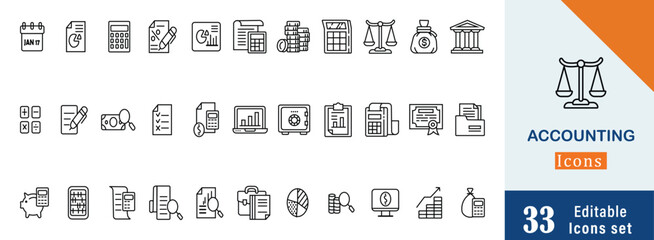 Accounting icon set. Containing financial statement, accountant, financial audit, invoice, tax calculator, business firm, tax return, income and balance sheet