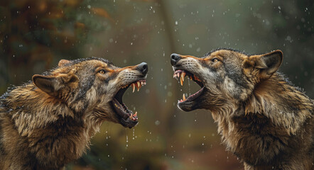 two wolves with wide open mouths, in aggressive poses, facing each other, with a forest background