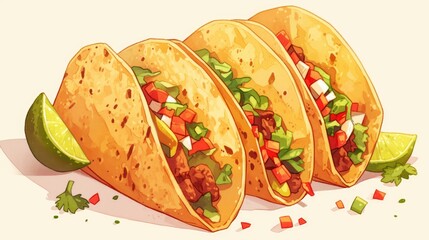 An illustration featuring cartoon tacos set against a white backdrop perfect for printing and decorating purposes is available in 2d format