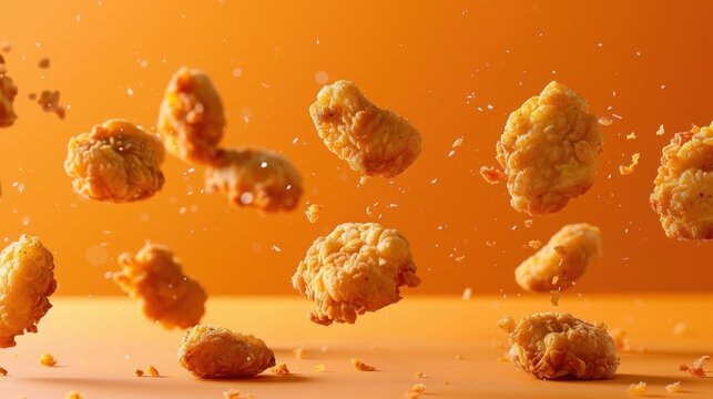 Chicken nuggets flying in freeze motion against an orange backdrop.

