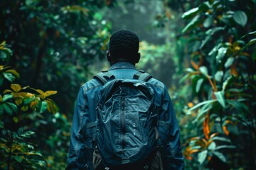Fototapeta premium Rear view of a young man with a backpack ready to explore a dense green forest, hinting at adventure and discovery