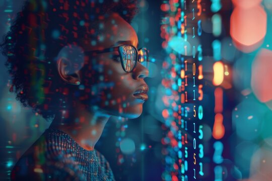 Profile view of a woman against a backdrop of floating binary code, suggesting themes of technology and digital life