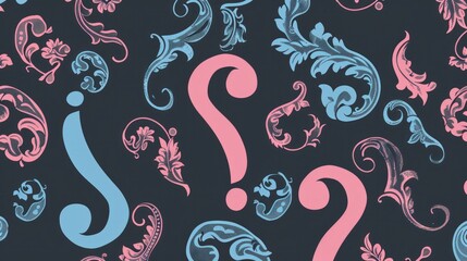 Ornate seamless pattern with pink and blue question marks.

