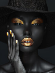 afro woman with brown skin with golden make-up details for decoration painting