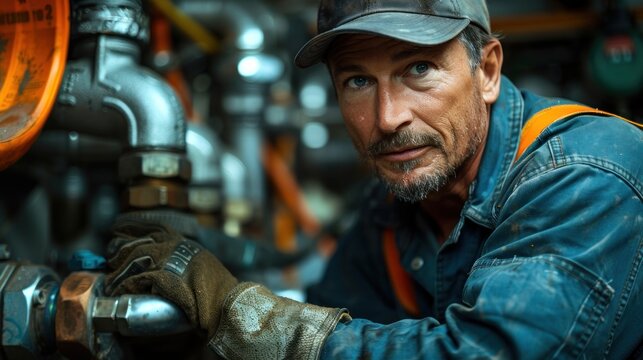 color photo of a plumber dressed in a professional uniform, working to repair a leak, taken by a leica m10-r, moderate DoF, dutch angle,