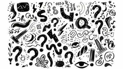 Whimsical doodle question marks in various styles, hand-drawn.

