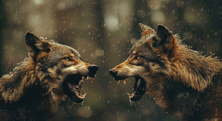 two wolves with wide open mouths, in aggressive poses, facing each other, with a forest background