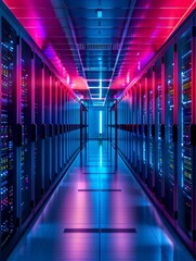 Fototapeta premium Neon lights illuminate a long row of server racks in a data center.