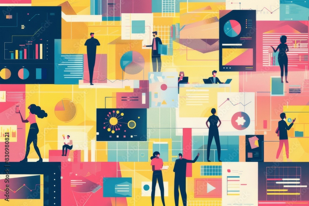 Poster abstract illustration of a busy office environment with multiple characters engaged in various activ